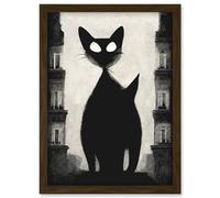 Giant Black Cat Le Chat Noir City Monochrome Illustration Artwork Framed Wall Art Print A4 Artery8 Brown One Size