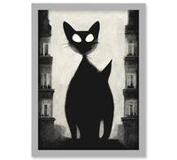 Giant Black Cat Le Chat Noir City Monochrome Illustration Artwork Framed Wall Art Print A4 Artery8 Light Grey One Size