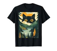 Giant Black Cat Retro Mountains Forest Lake Nature T-Shirt