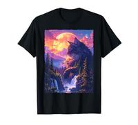 Giant Cat Fantasy Mountain Waterfall Retro Sunset Nature T-Shirt