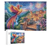 Giant Colorful Bird by Village with Fireworks 300 Piece Jigsaw Puzzle for Adults Indoor Brain Workout Logical Mastery Gift for Challenge Lovers 300 PCS