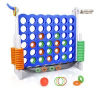 Giant Connect 4 Game, 3 Adjustable Heights (90cm-125cm), Indoor and Outdoor Connect Four Family Game with Basketball Hoop, 42 Giant Rings and 4-in-1 Set for Kids, Family Fun