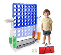 Giant Connect 4 Game, 3-in-1 Game Set, 3 Adjustable Heights (90cm-125cm), Indoor and Outdoor Connect Four Family Game with Basketball Hoop, 42 Giant Rings and 4-in-1 Game Set for Kids, Family Fun