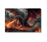 Giant Dragon Breathes Fire Wall Art Canva Print Red Pterodactyl Fly Picture Dragons Attack Castle Painting for Boys Men Room Dragon Stand on Mountain Decor Poster Frame Ready to Hang(36''Wx24''H)