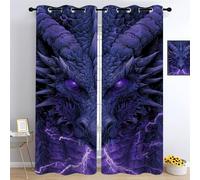 Giant Dragon Living Room Blackout Curtain,Purple Lightning Printed Curtains,Dark Fantasy Bedroom Window Drapes,Dragon Head Illustration Treatment Sunlight Blocking Drapes W 117 x L 230cm 2 Panels