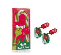 Giant Grinch Candy Cane Green & White Striped with Two nets of solid Chocolate Christmas Coins