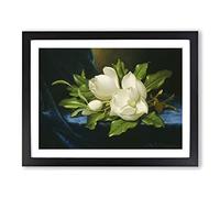 Giant Magnolias On Blue Velvet By Martin Johnson Heade Classic Painting Framed Print | A3 Black Framed Wall Art | Ready to Hang | Classic Historical Picture | Living Room Bedroom Lounge Office