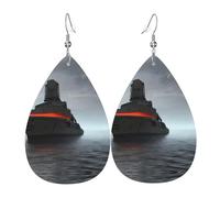 Giant Nuclear Ship Printed Dangle Leather Earrings, Reversible Statement Jewelry with Silver Plated Hooks
