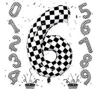 Giant Number Balloons 6, Black and White Checkered Self Inflating 0-9 Set Number Balloon for Kids, 40 Inch Foil Helium Racing 6 Balloon for Boys 6th Birthday Party Race Car Flag Decorations Supplies