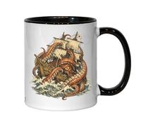 Giant Octopus Attacking Old Sailing Ship Ceramic Tea Coffee Mug Black
