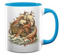 Giant Octopus Attacking Old Sailing Ship Ceramic Tea Coffee Mug Light Blue