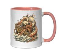 Giant Octopus Attacking Old Sailing Ship Ceramic Tea Coffee Mug Pink