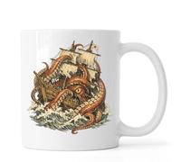 Giant Octopus Attacking Old Sailing Ship Ceramic Tea Coffee Mug White
