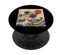 Giant Pug Versus Great Japanese Wave Ukiyoe Sea PopSockets Adhesive PopGrip