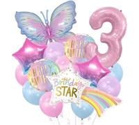 Giant Rainbow Star & Butterfly Balloon Set - 36PCS Oversized Foil Balloons with Pink Numbers for Girls Birthday Party Decorations, Indoor/Outdoor Celebrations & Photo Backdrops