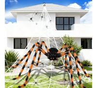 Giant Spider Halloween Decorations Outdoor Indoor - 59" Large Black Orange Hairy Scary Spider,275" Triangular Spider Web,60g Cobwebs,60 Plastic Spiders for Halloween Party Props Haunted House Décor
