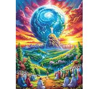 Giant Swirling Blue Planet with A Pilgrimage Scene 300 Piece Premium Jigsaw Puzzle Fairy Tale Scenery Cartoon Adult Jigsaws Brain Training Hobby Home Decor Winter Gift Unique Shaped Eco Friendly Mat