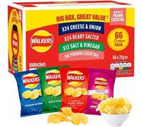 Giant Walkers Classic Crisps Multipack 66 x 25 g Snack Bags Bulk Ready Salted, Cheese & Onion, Salt & Vinegar, Prawn Cocktail Boxed, Individually Wrapped for Lunchboxes, Parties & Sharing
