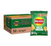 Giant Walkers Salt & Vinegar Crisps Bulk Multipack Bundle 32 x 32.5g Potato Snacks, Salt & Vinegar Flavour, Individually Wrapped for Lunchboxes, Parties, Office & Sharing, Birthday Party