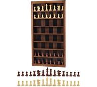 Giant Wall Mounted Board Game Wooden Chess Game Set with A Complete Set of Carved Chess Pieces Vertical Display Cabinet for Home Games Hanging Art Home Decoration (Burnt Color)