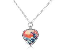 Giant Waves Red Sun Cherry Blossoms Personalized Pet Urn Necklace Keepsake Urn Pendant Cremation Jewelry Gifts for Dog Cat Lover