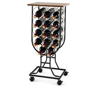 GiantexUK 14 Bottles Wine Rack, Wooden Bottle Holder Stand with Detachable & Lockable Wheels, Solid Metal Frame Wine Storage Organizer for Home Kitchen Bar Pantry, Industrial Style