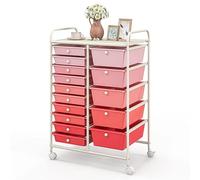 GiantexUK 15 Drawers Rolling Trolley, Utility Storage Organizer Cart with Wheels, Home Office Hairdressing Salon Shelving Organizer Unit (Gradient Pink)