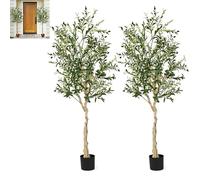 GiantexUK 182cm/6FT Artificial Olive Tree, 2 Pack Topiary Silk Faux Eucalyptus Tree with 1296 Leaves & 72 Fruits in Cement Pot, Indoor Outdoor Fake Plants for Home Garden Living Room Office, Green