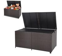 GiantexUK 190/270/660L Garden Storage Box, Weatherproof Rattan Deck Box with Zippered Liner & Pneumatic Rod, Outdoor Utility Chest Container for Patio Cushions Gardening Tools (660L, with Wheels)