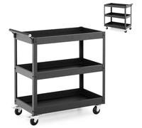 GiantexUK 2/3-Tier Tool Trolley, Metal Frame Utility Service Cart with 4 Wheels and Handle, Heavy Duty Rolling Storage Trolley for Office, Garage, Warehouse and Workshop (3-Tier, Flat Handle, Black)