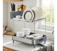 GiantexUK 2-Tier Dish Drying Rack, Space-Saving Dish Drainer Rack with Drip Tray, Cutlery Holder & Swivel Extendable Spout, Stainless Steel Utensil Organizer for Kitchen Countertop