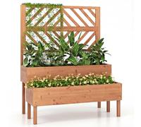 GiantexUK 2-Tier Garden Bed with Trellis, Wood Garden Planter with Drainage Hole, Outdoor Elevated Flower Pots Planting Box for Climbing Plants Vine Vegetables Herbs (Orange, 109x62x135cm)