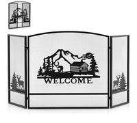 GiantexUK 3-Panel Folding Fire Guard, Heavy Duty Metal Mesh Fireplace Screen, Decorative Freestanding Spark Guard Safety Barrier for Child Baby Pet Open Fire, Black (Moose Pattern, 139x75cm)