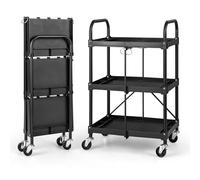 GiantexUK 3-Tier Folding Tool Trolley, Metal Frame Service Cart with Wheels, Tool Grooves & Handles, Heavy Duty Rolling Utility Storage Cart Trolley for Home, Office, Garage, Warehouse and Workshop