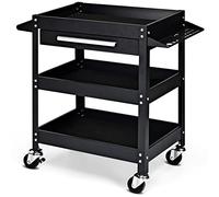 GiantexUK 3-Tier Rolling Tool Cart, Heavy-duty Steel Service Cart on Wheels with Drawer, Side Handle & Tool Slots, Utility Storage Trolley for Workshop Warehouse Garage Office (Black)