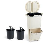 GiantexUK 38L Recycling Bin, 2-Tier Sorting Trash Bin with 3 Compartments, Wheels & Retractable Pedal, Vertical Dry and Wet Separation Trash Can for Kitchen(38L,Beige)