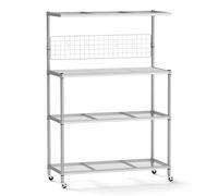 GiantexUK 4-Tier Kitchen Storage Rack, Metal Baker's Rack with Adjustable Shelves, 4 Wheels, Hanging Grid Panel, S Hooks & Shelf Liner, Rolling Microwave Oven Stand for Dining Living Room