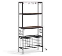 GiantexUK 4-Tier Wine Rack, Freestanding Microwave Stand with Power Outlet, 24 Bottle Holders, Glass & Mug Holders and 10 Hooks, Metal Frame Baker’s Rack for Kitchen Dining Room