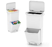 GiantexUK 40L Pedal Bin, 2-Tier Recycling Bins with 3 Compartments, Wheels, Handles & Classification Stickers, Garbage Can Waste Separation System for Home Office (42x28x74cm, with Removable Bins)