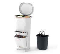 GiantexUK 42L Recycling Bin with Lid, 3-Tier Sorting Trash Bin with 2 Removable Buckets, Drawer, Step Pedal & Wheels, Vertical Garbage Bin Waste Container for Living Room Kitchen Bathroom (White)