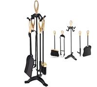 GiantexUK 5-Piece Fireplace Companion Set, Wrought Iron Fire Place Tools Set with Stand, Tong, Shovel, Brush & Poker, Fireside Wood Burner Coal Stove Accessories (Gold + Black, 4 Hooks, 3-Point Base)