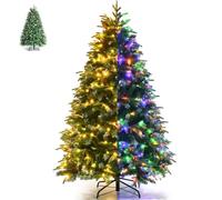 GiantexUK 5FT/6FT Pre-Lit Christmas Tree, Artificial Hinged Pine Xmas Tree with 250/350 LED Lights, 11 Flash Modes, 581/899 Tips, Pine Cones & Red Berries, Festival Snowy Decoration Tree (5ft/1.5m)