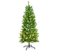 GiantexUK 5FT/6FT Pre Lit Premium Christmas Tree, Green Xmas Tree with 150/250 LED Lights, Metal Stand & 300/743 Branch Tips, Artificial Holiday Tree for Indoor Decoration (5FT)