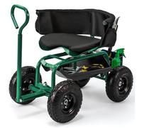 GiantexUK Adjustable Rolling Garden Cart, Outdoor Gardening Planting Station Trolley with Swivel Seat, Extendable Handle, Tool Tray & Basket, Heavy Duty Garden Work Scooter, 90x61x57-81cm (Green)