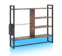 GiantexUK Floating Pipe Shelving, Wall Mounted Shelves with Side Pocket & 8 S-Hooks, Hanging Storage Display Rack for Kitchen Bar Living Gaming Room (Rustic Brown+Black, with Led Lights)