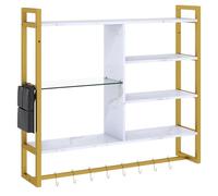 GiantexUK Floating Pipe Shelving, Wall Mounted Shelves with Side Pocket & 8 S-Hooks, Hanging Storage Display Rack for Kitchen Bar Living Gaming Room (Gold+White)