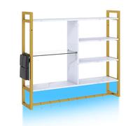 GiantexUK Floating Pipe Shelving, Wall Mounted Shelves with Side Pocket & 8 S-Hooks, Hanging Storage Display Rack for Kitchen Bar Living Gaming Room (Gold+White, Gold+white, with Led Lights)