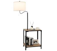 GiantexUK Floor Lamp with Table, Narrow Side End Table with 360° Rotatable Reading Light Lamp Attached, 2 USB Ports & Linen Fabric Lampshade, Bedside Nightstand Lamp for Living Room Bedroom