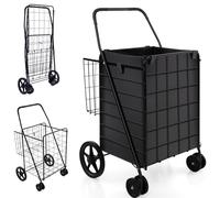GiantexUK Foldable Shopping Cart on Wheels, Metal Grocery Trolley with Extra Basket & Anti-slip Handle, Heavy-duty Utility Bag Cart for Laundry Supermarket Travelling