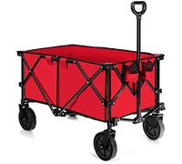 GiantexUK Foldable Wagon Cart, Outdoor Garden Trailer with Adjustable Handle, Cup Holders and 360 Degree Rotatable Wheels, Collapsible Utility Camping Cart (Red)